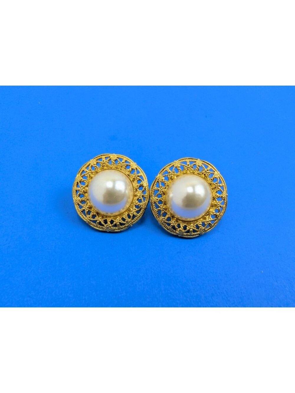 Vintage Napier Gold Tone Faux Pearl Large Round Stud Earrings 1"